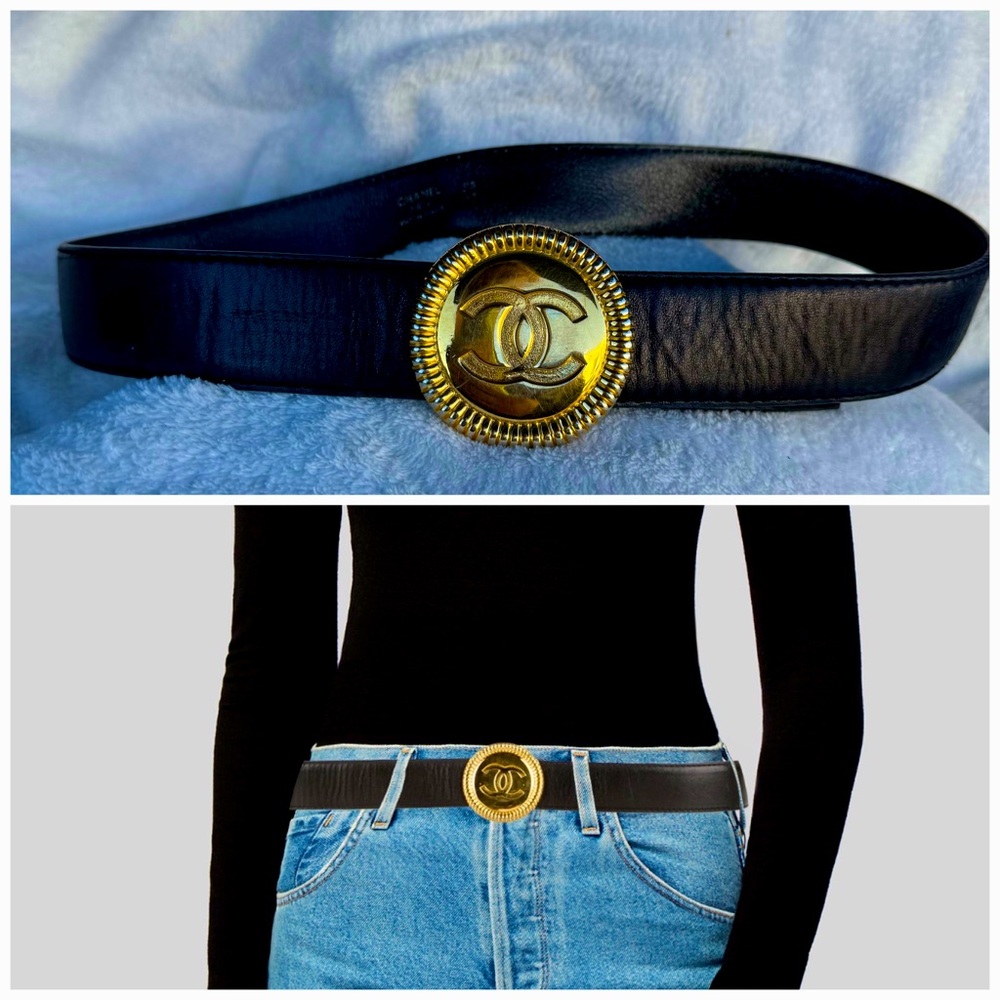 CHANEL Black Lambskin Leather Adjustable CC Belt w/ Goldtone Medallion Buckle